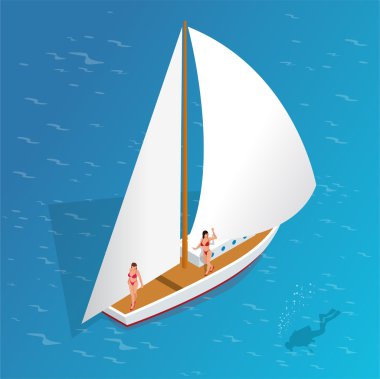 Lüks tatil deniz bir yatta. Romantik tatil ve lüks seyahat. Denize yelken. İnsan dalgıç su altında yüzmek. Düz 3d izometrik çizim vektör.