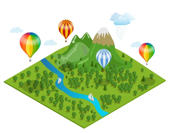 Luftballong över skogen, över moutimes och moln. Platt 3d vektor isometrisk illustration varmluftsballonger. — Stock vektor