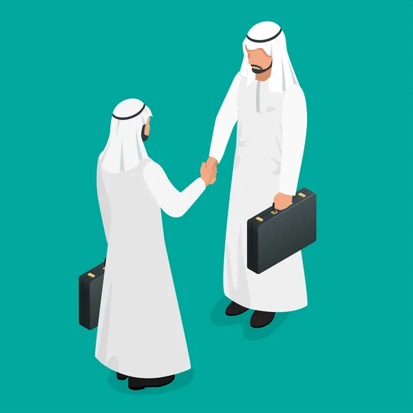İki Arap işadamları el sıkışan Ulusal beyaz giysiler içinde. Arap ortakları el sıkışması kavramı. Düz 3d izometrik çizim vektör. — Stok Vektör