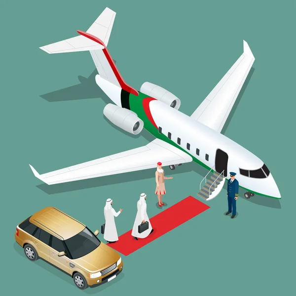 私人喷气式飞机。两个阿拉伯商业勒芒走向私人飞机而飞行员和空姐站在机场航站楼。平面的 3d 矢量等轴图. — 图库矢量图片