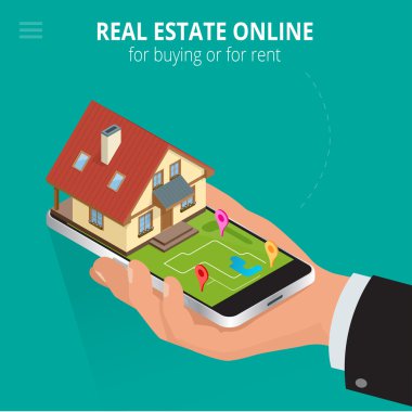 Emlak Online kira veya satın alma için. Smartphone ile çalışan adam online arama Hizmeti'ni kullanmak için satın alma veya Kiralama, bir ev arıyor. Düz 3d izometrik çizim vektör.