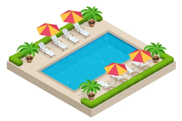 Концепция летнего путешествия. Бассейн, зонтик, пляжные стулья. Плавательный бассейн с плоской изометрической векторной иллюстрацией . — стоковый вектор