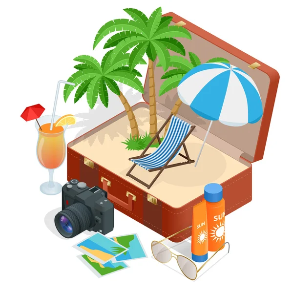 Reis naar de zomervakantie. Reizen naar de zomervakantie. Vakantie. Road trip. Toerisme. Reizen de banner. Open koffer met bezienswaardigheden. Reis. Reizende 3d isometrische illustratie. Moderne platte ontwerp banner — Stockvector