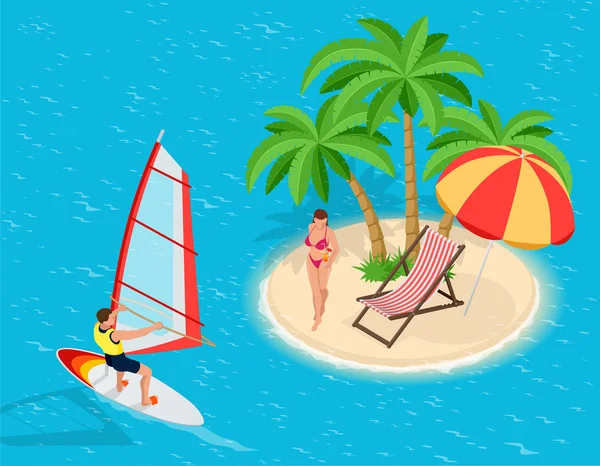 Viaje a las vacaciones de verano. Viaje a las vacaciones de verano. Vacaciones. Windsurf. Turismo. Banner de viaje. Viaje. Ilustración isométrica en 3D itinerante. Banner de diseño plano moderno . — Archivo Imágenes Vectoriales