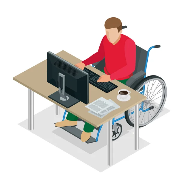 Handikappad man i rullstol i ett kontor som arbetar på en dator. Platt 3D Isometrisk vektor illustration. — Stock vektor