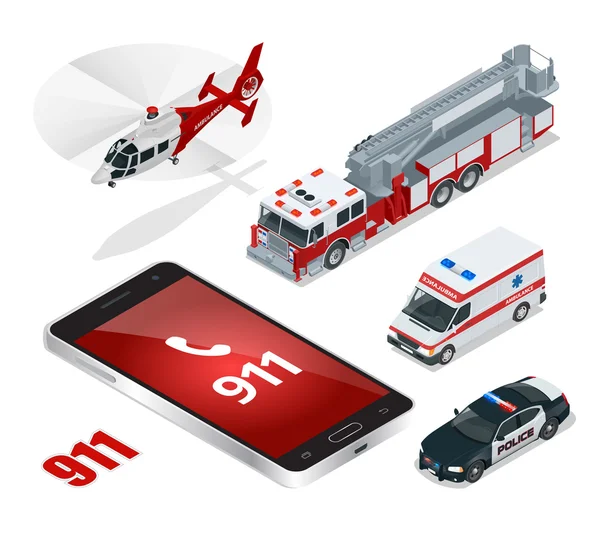 Concept d'urgence. Ambulance, police, camion de pompiers, camion cargo, hélicoptère, numéro d'urgence 911. Ensemble d'icônes de transport urbain isométrique 3D plat . — Image vectorielle