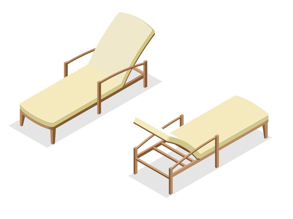 Beach chairs isolated on blue background. Wooden beach chaise longue Flat 3d isometric vector illustration.