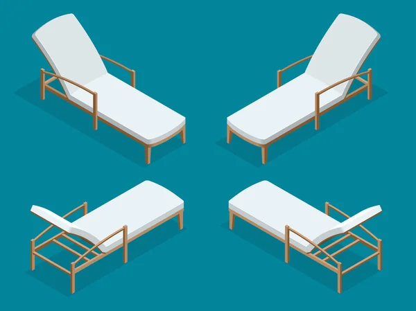 Cadeiras de praia isoladas em fundo azul. Praia de madeira chaise longue plana 3d ilustração vetor isométrico . — Vetor de Stock