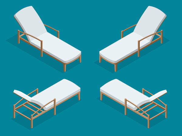 Beach chairs isolated on blue background. Wooden beach chaise longue Flat 3d isometric vector illustration.