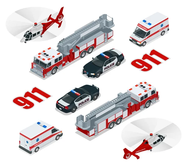 Vészhelyzeti koncepció. Mentőszolgálat, rendőrség, tűzoltókocsi, rakomány teherautó, helikopter, segélyhívó szám 911. Lapos 3D izometrikus városi közlekedés ikon készlet. — Stock Vector