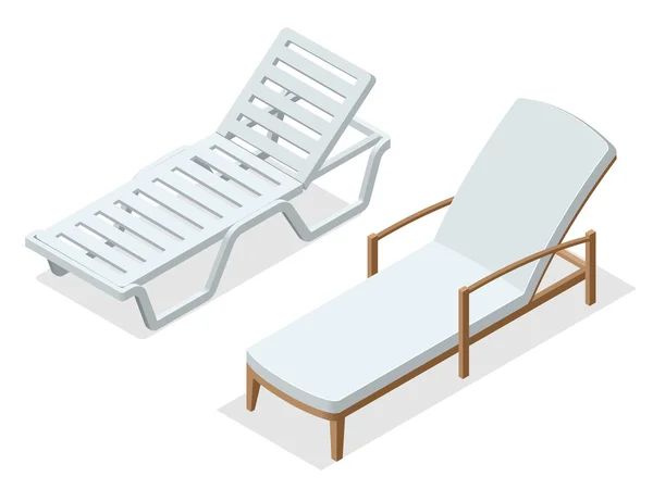 Cadeiras de praia isoladas sobre fundo branco. Praia de madeira chaise longue plana 3d ilustração vetor isométrico . — Vetor de Stock