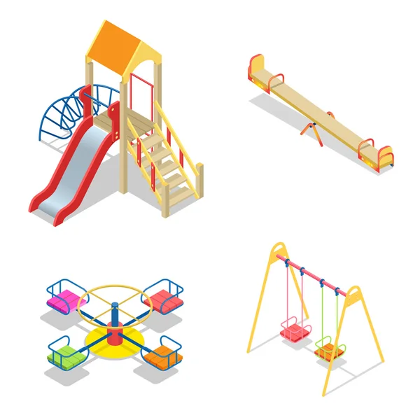 Spielplatz. Spielplatzrutsche Themenelemente. isometrische Kinderspielplatzsymbole gesetzt. flache 3D-Vektor isometrische hochwertige Spielplatz-Symbol-Set — Stockvektor
