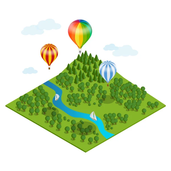 Luftballong över skogen, över bergen och moln. Platt 3d vektor isometrisk illustration varmluftsballonger — Stock vektor