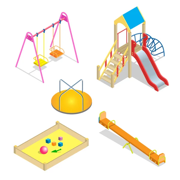 Parco giochi. Playground elementi tema diapositiva. Isometrica bambini parco giochi icone set. Set di icone isometriche piatte del parco giochi di alta qualità vettoriale 3d — Vettoriale Stock