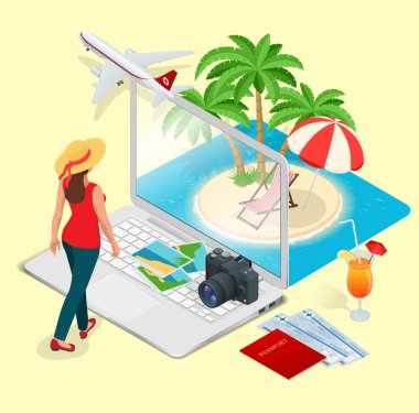 Seyahat modern vektör kavramı, online rezervasyon, bir yaz tatili planlama. Seyahat uçak biletleri resort otel rezervasyon mobil uygulama mockup vitrin. Düz 3d vektör isometrik illüstrasyon.