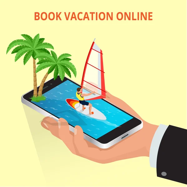 旅行、オンライン予約、夏休みを計画する現代のベクトルコンセプト。旅行航空券リゾートホテル予約モバイルアプリモックアップショーケース。フラット 3D ベクトルアイソメ図. — ストックベクタ