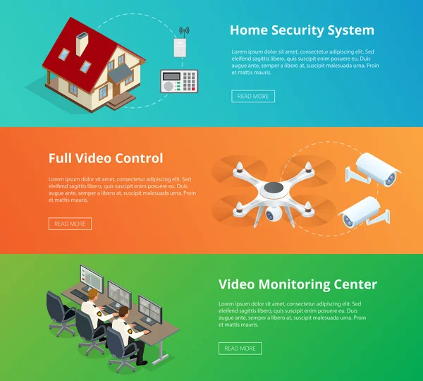 Sistema di allarme. Sistema di sicurezza. Videocamera di sicurezza. Sala di controllo di sicurezza. Controllo delle guardie di sicurezza. Sistema di allarme domestico telecomandato. Società di installazione di sistemi di allarme wireless per la sicurezza domestica . — Vettoriale Stock