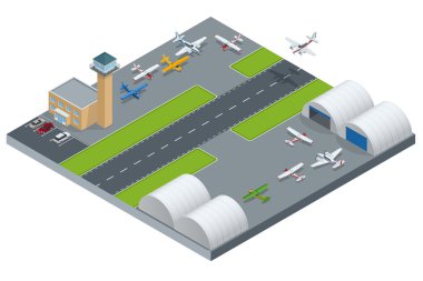 Isometrik Havaalanı binası. Pistli havaalanı binası. Havaalanı alanı. Düz 3d vektör isometrik illüstrasyon.