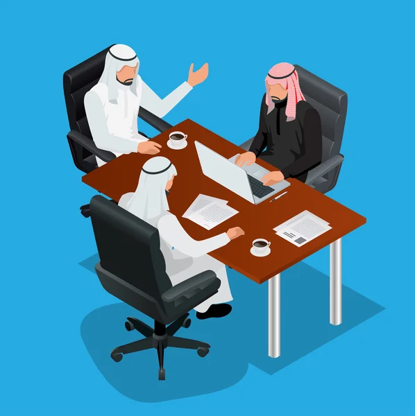 Konsep pertemuan bisnis, International Business, pengusaha Arab mempresentasikan ide-idenya kepada rekan-rekannya untuk investasi sukses di ruang kantor modern yang cerah. Ilustrasi vektor isometrik datar 3d . - Stok Vektor