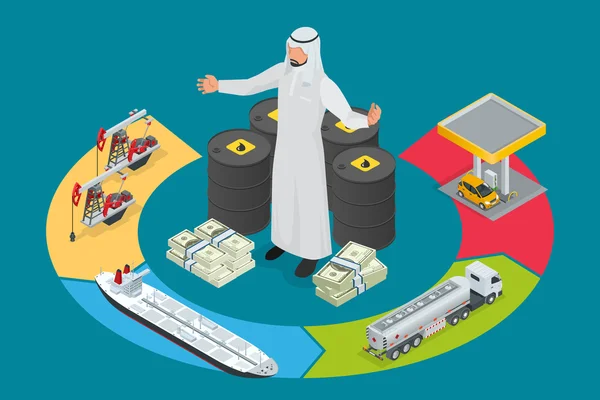 Arabische olie Tycoon. Metalen olie vat. Olie, Petroleum, tankauto, tanker. Olie-industrie. Platte 3D Isometrische infographic vector illustratie. — Stockvector