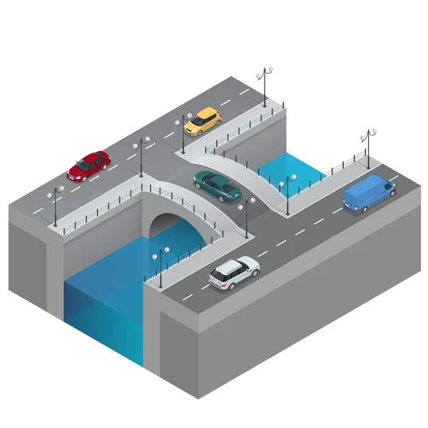 Strada e ponte sul fiume. Traffico cittadino. Illustrazione vettoriale isometrica 3d piatta del ponte. Ponte isometrico sul fiume. Trasporto commerciale. Vari tipi di carico e carico . — Vettoriale Stock