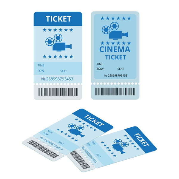 Modern cinema tickets isolated on write background. Entertainment Tickets. Icon for online booking of tickets. Modern element design cinema ticket.