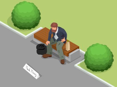 Evsiz. Yardım isteyen tabela tutan kirli evsiz adam. Düz 3d isometrik vektör illüstrasyon. Sosyal sorun kavramı.