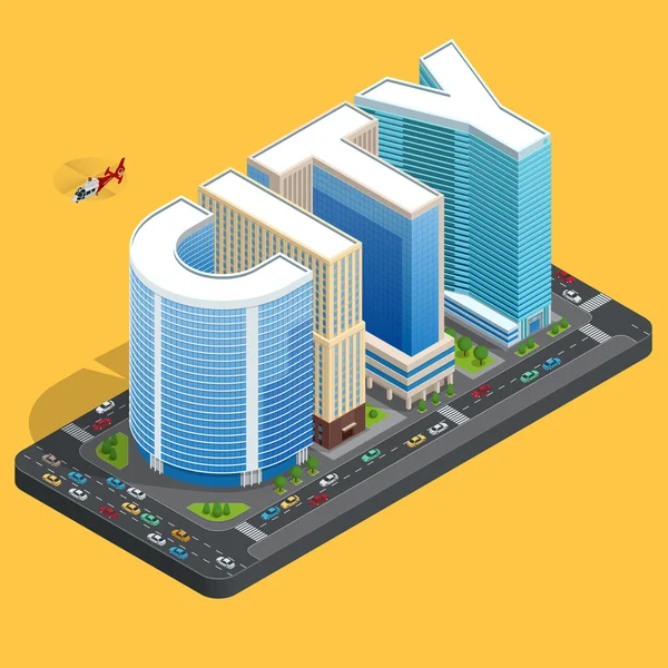 Modern hög kvalitet stadsbyggnad. Isomeric Flat centrum koncept. City skylines bakgrund vektor illustration. Business Center Building. — Stock vektor