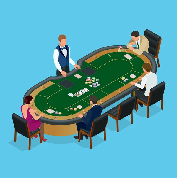 Gente jugando póquer en el casino, apostando. Isométrico vector Grupo de jóvenes jugando al póquer en un vector de casino ilustración . — Vector de stock