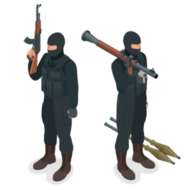 Spec Ops polis memurları Swat siyah üniformalı. Asker, polis, keskin nişancı, özel operasyon birimi, Swat düz 3d izometrik çizimde. Roketatar ile asker.