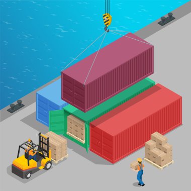 Crane lifts a big container with cargo isometric. Global logistics. Freight transportation 3d concept. Cargo loading operation. Shipment. Delivery flat 3d isometric illustration.