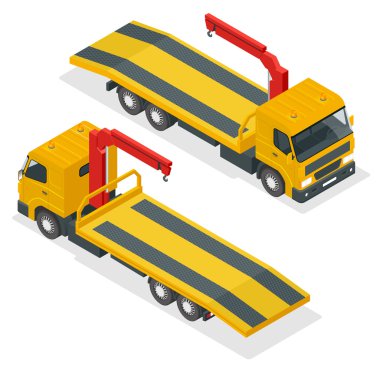 Çekici kamyon isometrik vektör. Araba çekme kamyon 3d düz illüstrasyon. Ulaşım hataları ve acil durum arabaları için çekici kamyon beyaz arka plan üzerinde izole izometrik illüstrasyon. Şehir ulaşımı