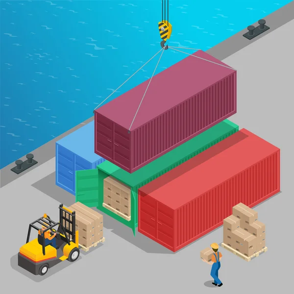 Crane lifts a big container with cargo isometric. Global logistics. Freight transportation 3d concept. Cargo loading operation. Shipment. Delivery flat 3d isometric illustration. — Stok Vektör