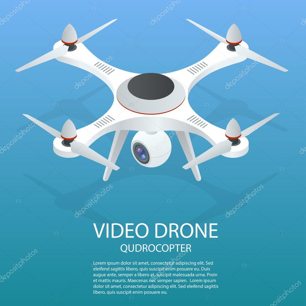 Drone isometric. Drone EPS. Drone quadrocopter 3d isometric illustration. Drone with action camera icon. Drone logo