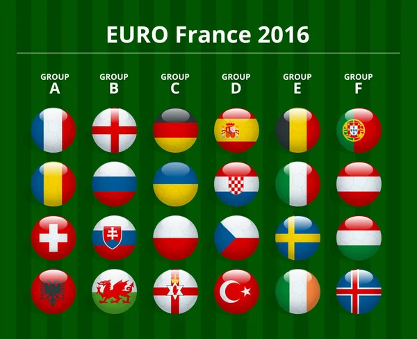 Euro 2016 en France. Drapeaux des pays européens participant au tournoi final du championnat d'Europe de football 2016. Icônes vectorielles . — Image vectorielle