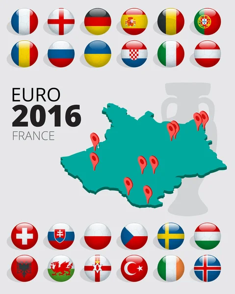 Euro 2016 in Frankreich. Flaggen der europäischen Länder, die an der Endrunde der Fußball-Europameisterschaft 2016 teilnehmen. Vektorsymbole. — Stockvektor