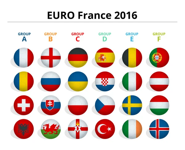 Euro 2016 en Francia. Banderas de los países europeos que participan en el torneo final del campeonato de fútbol Euro 2016. Iconos vectoriales . — Vector de stock