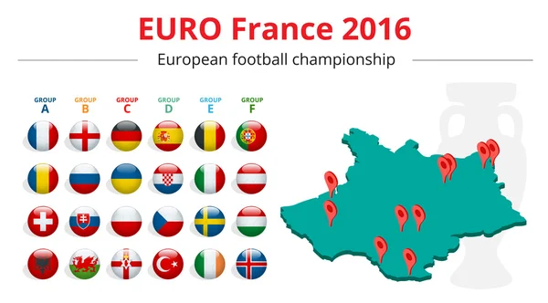 Евро-2016 во Франции. Флаги европейских стран, участвующих в финальном турнире чемпионата Европы по футболу 2016 года. Векторные значки . — стоковый вектор