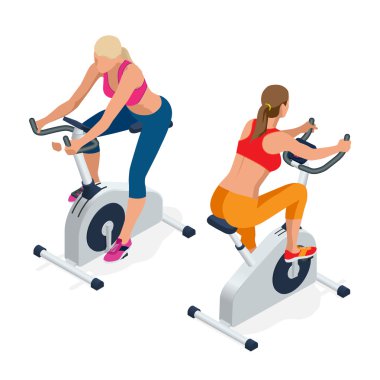 Fitness kadın spor salonunda egzersiz bisikleti üzerinde çalışıyor. Beyaz arka planda izole edilmiş. Fitness için spor salonunda spor bisikleti yapmak. Düz 3d isometrik vektör çizimi.