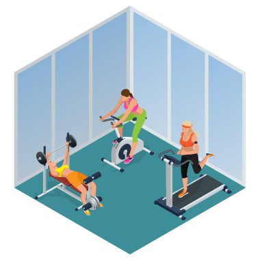Fitness kadın egzersiz bisikleti üzerinde çalışan, barbell kasları esneme ile genç kadın, Spor salonunda bir koşu bandında çalışan Güzel kız. Düz 3d isometrik vektör çizimi.
