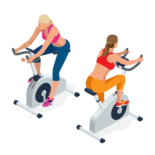 Fitness kvinna tränar på motionscykel på gymmet. Isolerad på vit bakgrund. Att göra sport cykling i gymmet för Fitness. Platt 3D Isometrisk vektor illustration. — Stock vektor