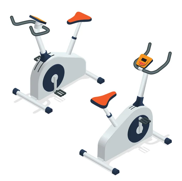 Exercise bike isolated on white background. Exercise bike icon. Flat 3d isometric vector illustration. — Stock Vector