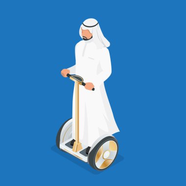 Kendini dengeleyen elektrikli scooter'daki Arap adam. 3d düz isometrik vektör illüstrasyon. Elektrikli scooterlar, kendi kendini dengeleyen elektrikli kaykaylar, elektrikli monocicles.