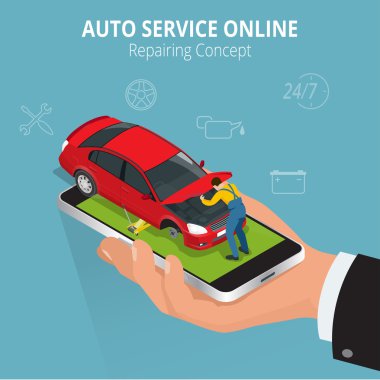 Auto repairing concept. Auto service online. Car repair service center. Tire service flat set with shop car repair mechanics. Flat 3d isometric vector illustration.