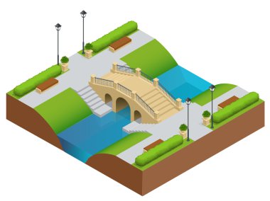 Nehir üzerinde taş köprü. Parkta romantik köprü taşı. Doğanın bir resim ile düz vektör manzara. Dinlenmek ve yürümek için yer. Düz 3d vektör isometrik illüstrasyon.
