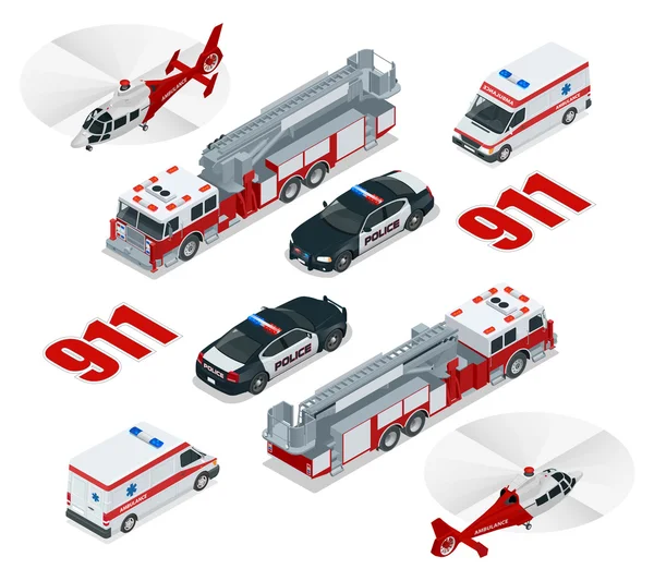 Acil durum konsepti. Ambulans, Polis, İtfaiye, kargo kamyonu, helikopter, acil durum numarası 911. Düz 3d isometrik şehir ulaşım simgesi seti. — Stok Vektör