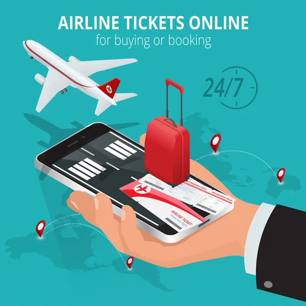 Bilhetes de avião online. Compra ou reserva de bilhetes de avião. Viagens, voos de negócios em todo o mundo. Aplicativo online para pedidos de bilhetes. Voos internacionais. Ilustração plana do vetor isométrico 3d. Cartão de embarque — Vetor de Stock