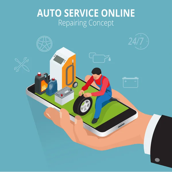 Autoreparaturkonzept. Autoservice online. Auto-Reparatur-Service-Center. Reifenservice-Flachset mit Werkstatt-Autoreparatur-Mechanikern. flache 3d isometrische Vektorabbildung. — Stockvektor