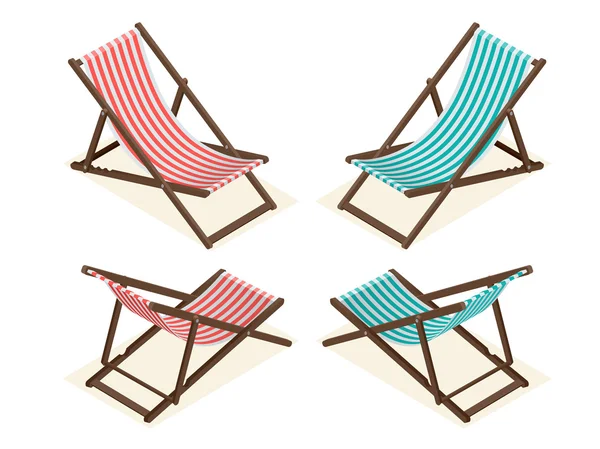 Καρέκλες παραλίας απομονωμένες σε λευκό φόντο. Ξύλινη ξαπλώστρα παραλίας επίπεδη 3D ισομετρική απεικόνιση διανύσματος. — Διανυσματικό Αρχείο