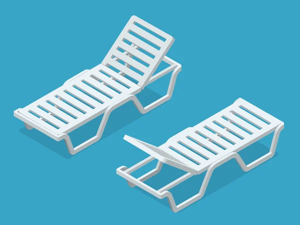 Krzesła plażowe izolowane na białym tle. Plastikowa szezlong plażowa płaska ilustracja izometryczna 3D. — Wektor stockowy